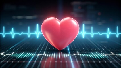 3D Red Heart with Smooth Surface and Electrocardiogram Pulse Graph in High-Tech Medical Environment