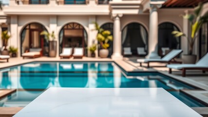 White table and swimming pool on the blurred background