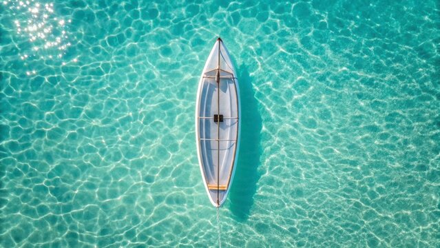 Aerial View of a Tranquil Kayak Floating on Crystal Clear Blue Waters in Bright Sunshine