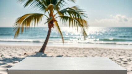White table and beach on the blurred background