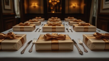 Many gifts on a long table in elegant room