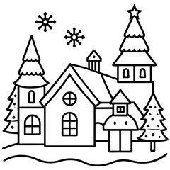 Fototapeta premium Winter Village Church Scene Line Art Illustration. 