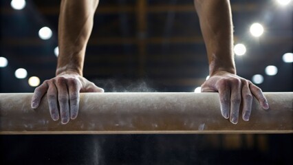 Close Up of Strong Athlete's Hands Gripping Gymnastics Bar with Chalk Dust in a Competitive Sports Environment