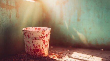 Abandoned Bucket with Red Stains in a Dimly Lit Room