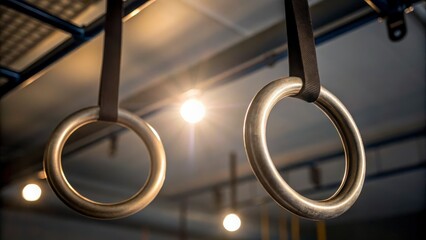 Close Up View of Two Metal Gym Rings Suspended from a Ceiling with Soft Lighting in a Fitness Center