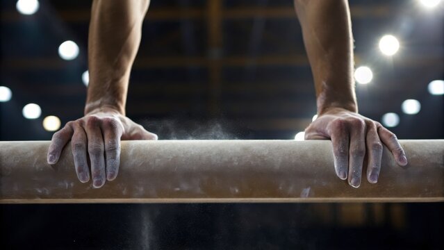 Close Up of Strong Athlete's Hands Gripping Gymnastics Bar with Chalk Dust in a Competitive Sports Environment
