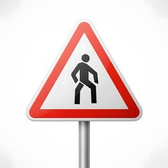 Pedestrian crossing warning sign, triangular, red border, white background, person icon.