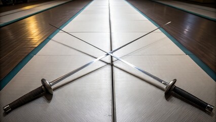 Crossed Swords on a Dojo Floor Representing Focus and Skill in Martial Arts Training