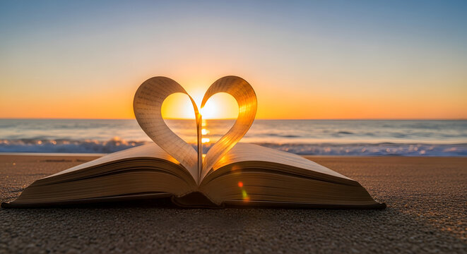 An open book forms a heart shape on a beach at sunset