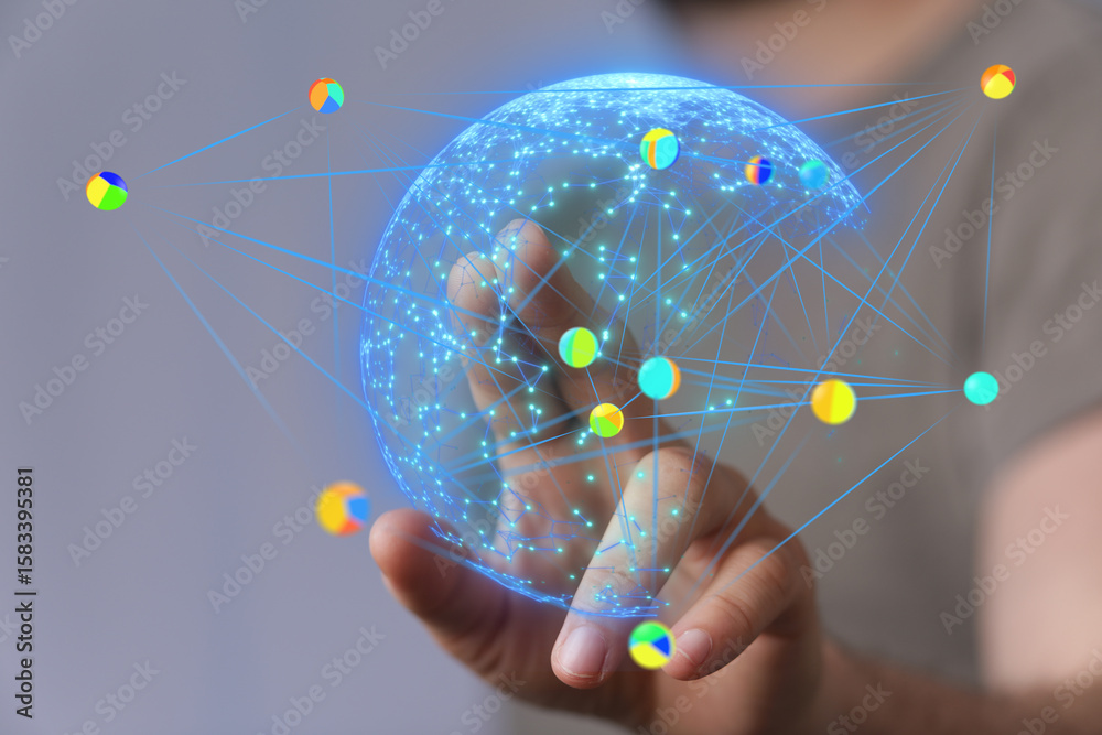 Poster interactive data visualization of a global network. ideal for technology, business, and connection c