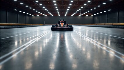 Go-Kart Racing Vehicle on Indoor Track with Dramatic Lighting and Reflections in a Competition Space