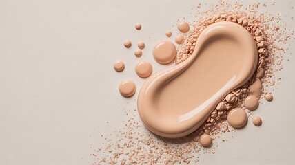 Beige Liquid Foundation Swirl Sample with Powder Splashes on Light Background Closeup Shot Showing Creamy Texture and Smooth Application