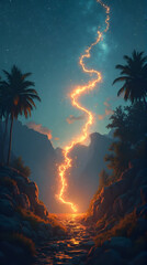 Glowing Path Through Mountains with Palm Trees and Starry Sky