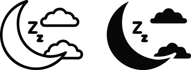 Moon Cloud Sleep Icon Set Black White Outline Silhouette Vector Night Zzz Dream Illustration