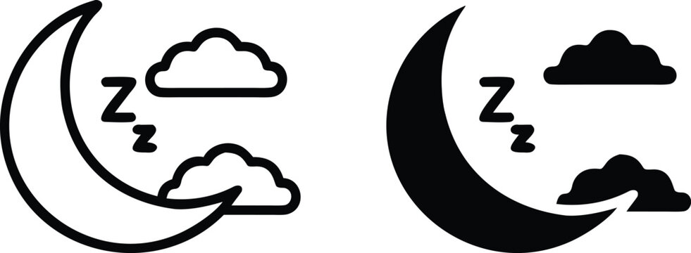 Moon Cloud Sleep Icon Set Black White Outline Silhouette Vector Night Zzz Dream Illustration
