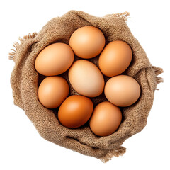 Several chicken eggs wrapped in cloth top view isolated on transparent background