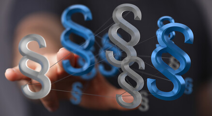 3D rendering of interconnected paragraph symbols.  Illustrates legal concepts, regulations, or...