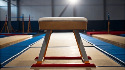 Naklejka premium Pommel horse positioned on gymnastics training floor in spacious arena illuminated by ceiling lights