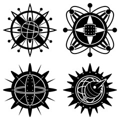 Four abstract black and white designs featuring globe, chip, atom and rocket elements in circular forms