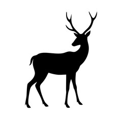 Obraz premium Elegant black silhouette of a deer with antlers standing sideways, symbolizing wildlife, forest nature, hunting, and outdoor themes. Perfect for logos, nature projects, and rustic designs.