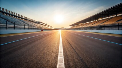 Race Track Under Sunset with Empty Grandstands and Clear Sky in a Competitive Motorsport Setting