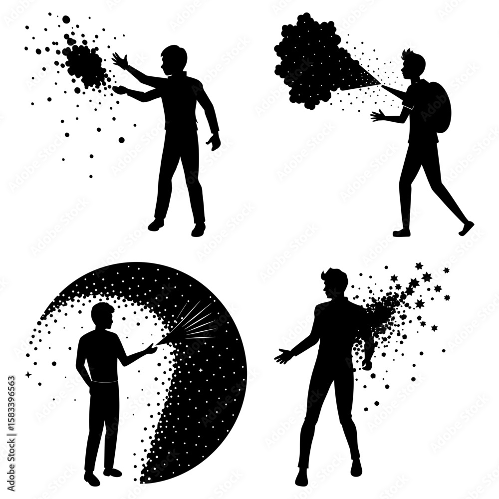 Poster Silhouetted figures interacting with abstract particle effects in various dynamic poses and compositions