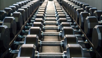 Obraz premium Row of Black Dumbbells on Rack in Modern Gym Setting for Strength Training and Fitness Activities