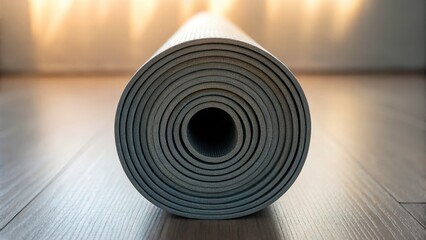 Rolled Yoga Mat on Wooden Floor with Soft Ambient Lighting for Home Fitness and Wellness Activities