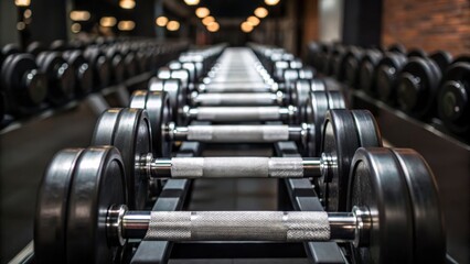 Rows of Heavy Dumbbells Aligned Neatly on Rack in Modern Gym with Soft Ambient Lighting