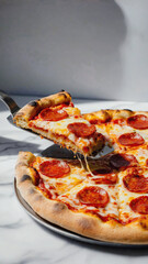 Freshly Baked Pizza with Melting Cheese Stretching from Lifted Slice

