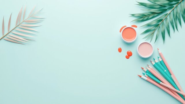 Creative workspace still life with tropical leaves, colored pencils, and paint pots, providing a stylish and inspiring backdrop