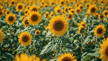 Bright sunflower patch set against an out-of-focus leafy scene