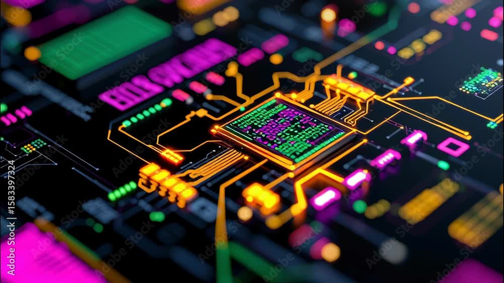 Wall mural vibrant abstract circuitry design bathed in artificial light with neon colors and patterns