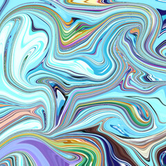 Energetic blue and rainbow swirl pattern with vivid textures. Abstract modern fluid movement great for digital backgrounds or expressive wall art.