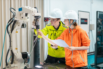 Robotic automatic technician team checking plan system of automation machine. Programming machinery...