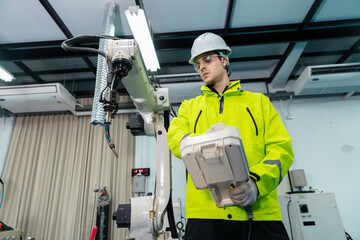 Robotic automatic technician man holding remote checking plan system of automation machine....