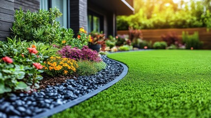 Modern home's lush yard, vibrant flowers, and green lawn
