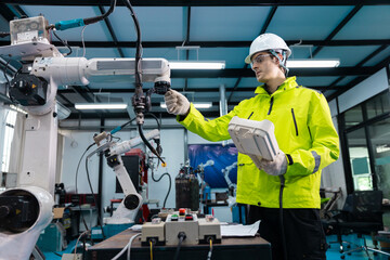 Robotic automatic technician man holding remote checking plan system of automation machine....