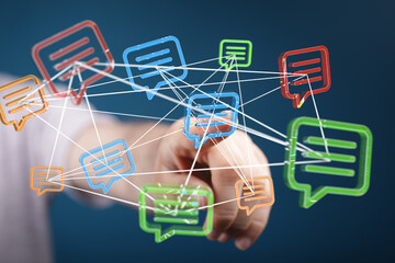Interconnected speech bubbles illustrate global communication and networking.
