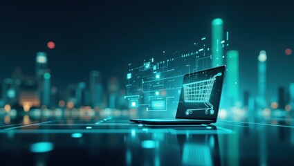 Digital shopping cart displayed on a laptop screen in a futuristic city.