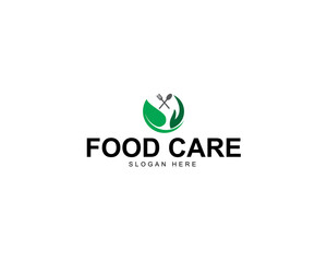 Healthy food logo template. Organic food vector design. Fork, spoon and leaves logotype