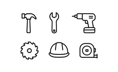 Essential construction tools set: hammer, wrench, drill, saw, hard hat, tape measure in linear style