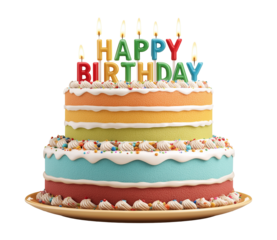 Delicious colorful birthday cake with candles and HAPPY BIRTHDAY topper isolated on transparent background.