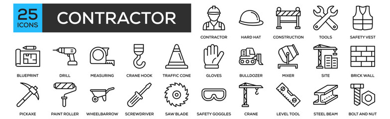Contractor icon set collection. Containing design Contractor, Hard Hat, Under Construction, Wrench, Safety Vest
