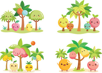 illustration of a tree with fruit with white background Cute Fruit Trees Cartoon Collection