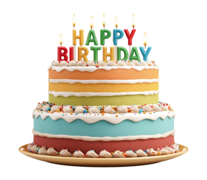 Delicious colorful birthday cake with candles and HAPPY BIRTHDAY topper isolated on transparent background.