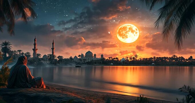 Serene sunset by the river with a full moon backdrop
