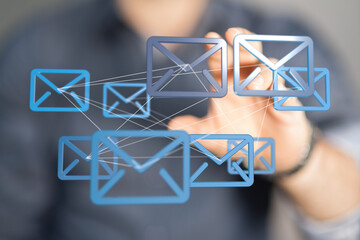 Hand interacting with digital email network.  Communication, connection, technology.