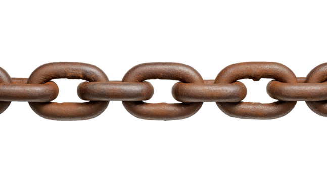 Rustic brown chain isolated on a transparent background in PNG format.