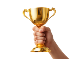 A triumphant hand holds a glistening golden trophy, representing victory and the pinnacle of success, bathed in bright studio light.